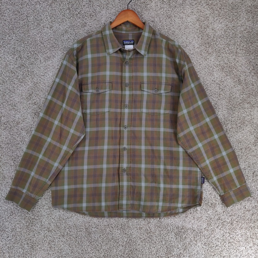 Patagonia Fjord Lightweight Flannel Shirt Mens Large Green Plaid Long Sleeve - Picture 2 of 15